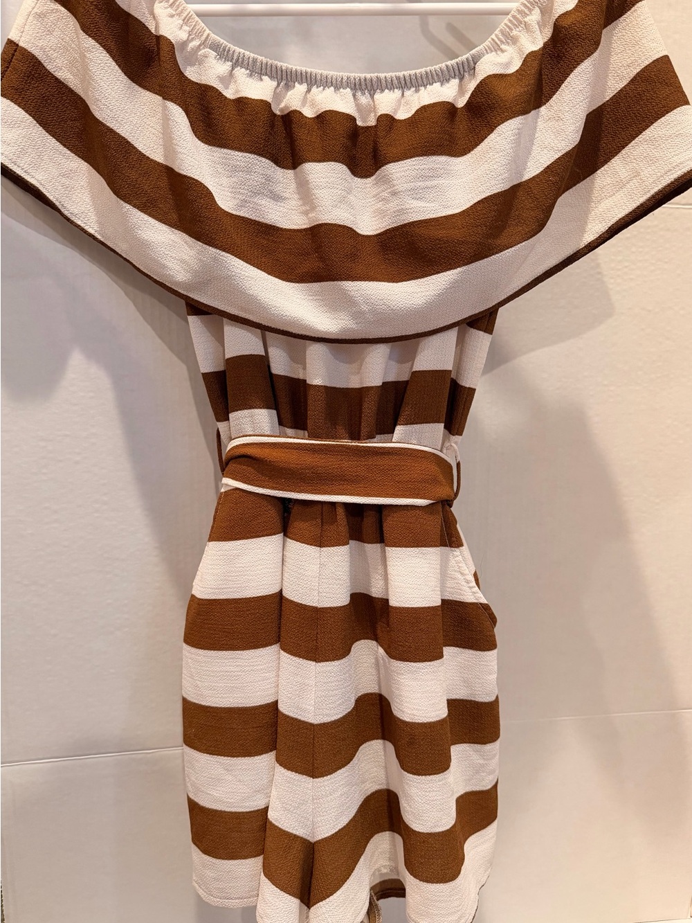 HYFVE Brown and White Striped Off-Shoulder romper